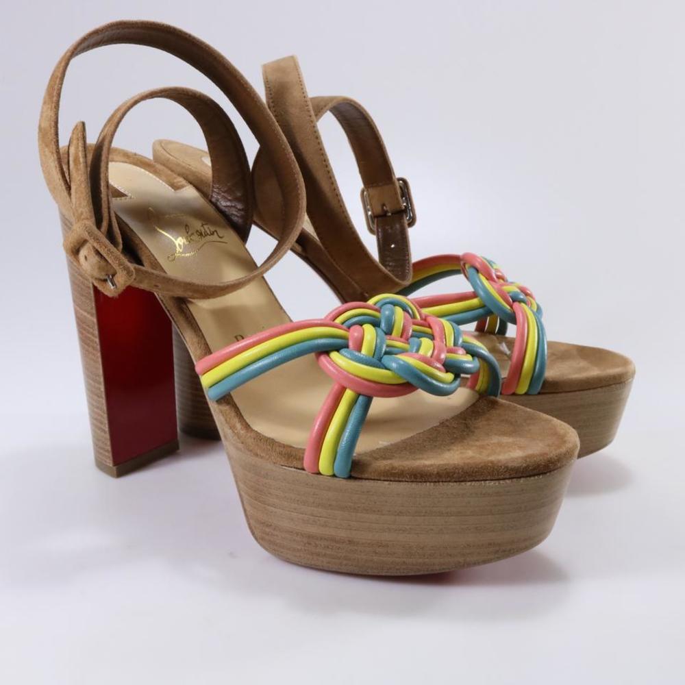 Ella 130mm Brown Rainbow Braided Ankle Strap Platform Block Heels D559